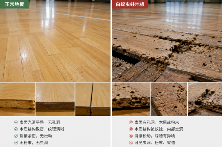 正常运动木地板和白蚁虫蛀木地板对比
