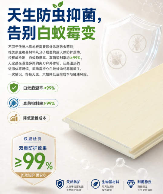 唯美康生物基运动地板基材实拍，原生防虫抑菌，白蚁趋避率≥99%，有效杜绝霉变虫蛀