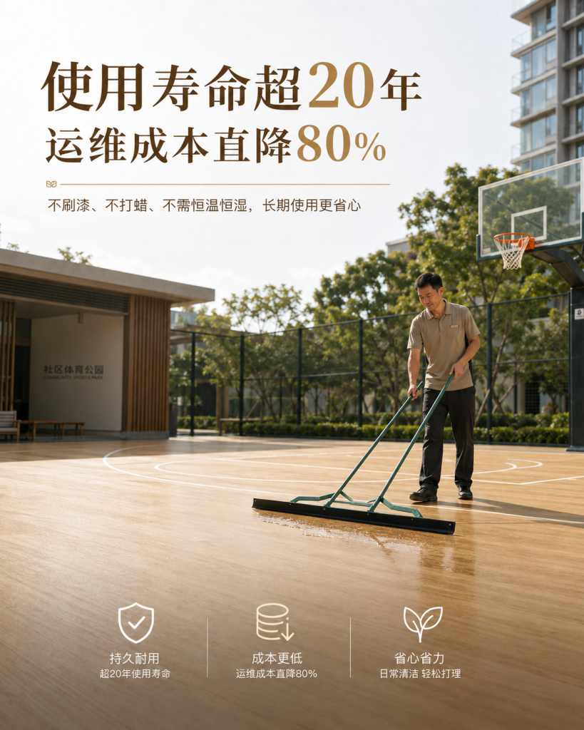 运动地板日常保养实拍，社区户外篮球场生物基运动地板清洁场景，免打蜡免刷漆，使用寿命长、运维成本低
