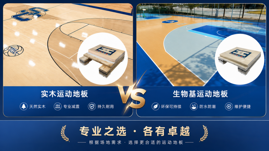 实木运动地板vs生物基运动地板产品对比展示图