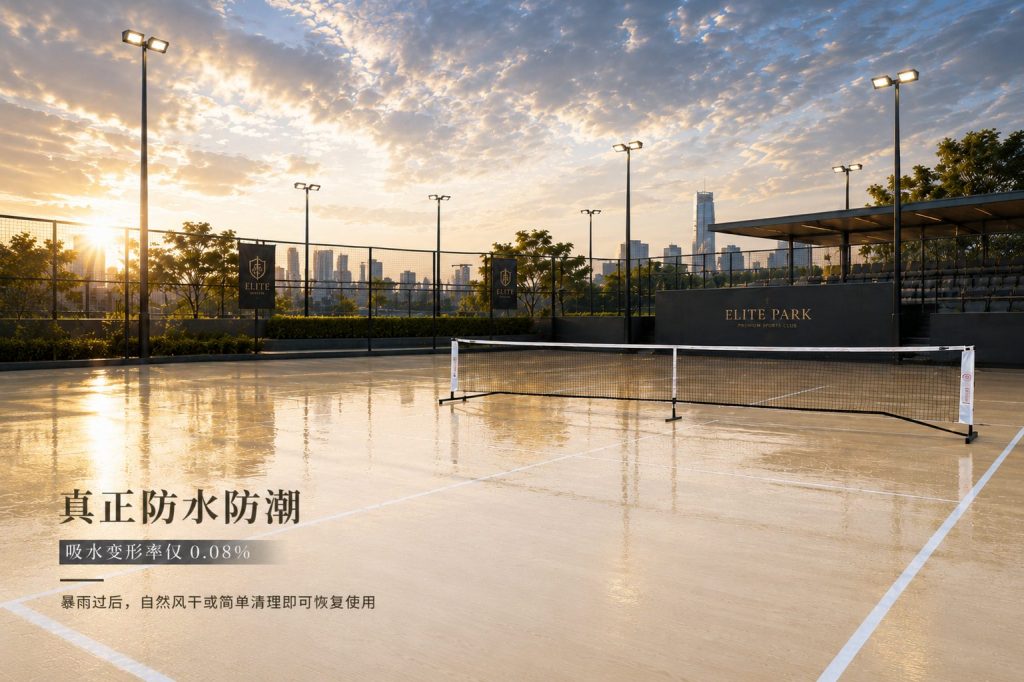 高端户外球场，暴雨后地面积水图，生物基运动地板吸水变形率仅0.08%，72小时浸泡0.3% 真正防水防潮