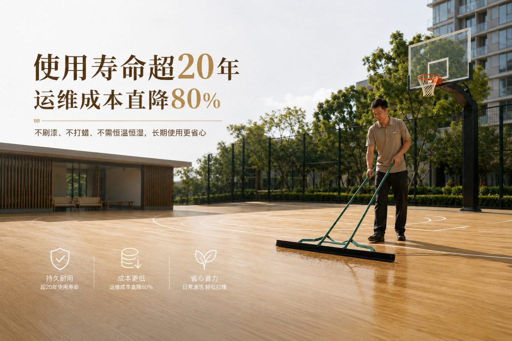 户外风雨球场生物基运动地板日常清洁展示，耐用低养护