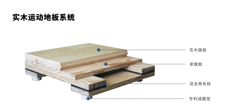 专业实木运动地板系统,面板龙骨垫层各部件结构拆解说明图